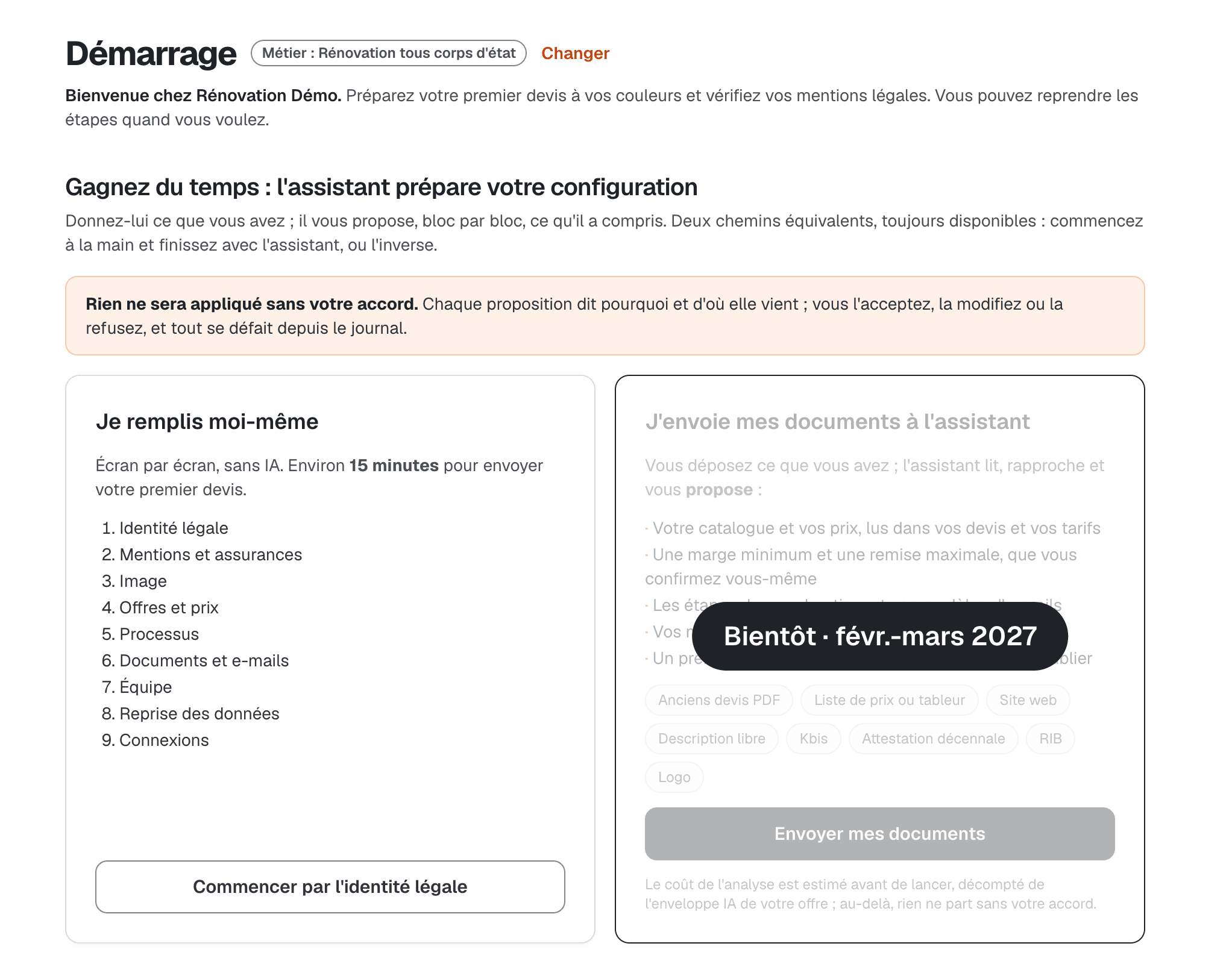 Écran de démarrage : configurer l'outil écran par écran ; l'envoi de documents à l'assistant est marqué « Bientôt ».