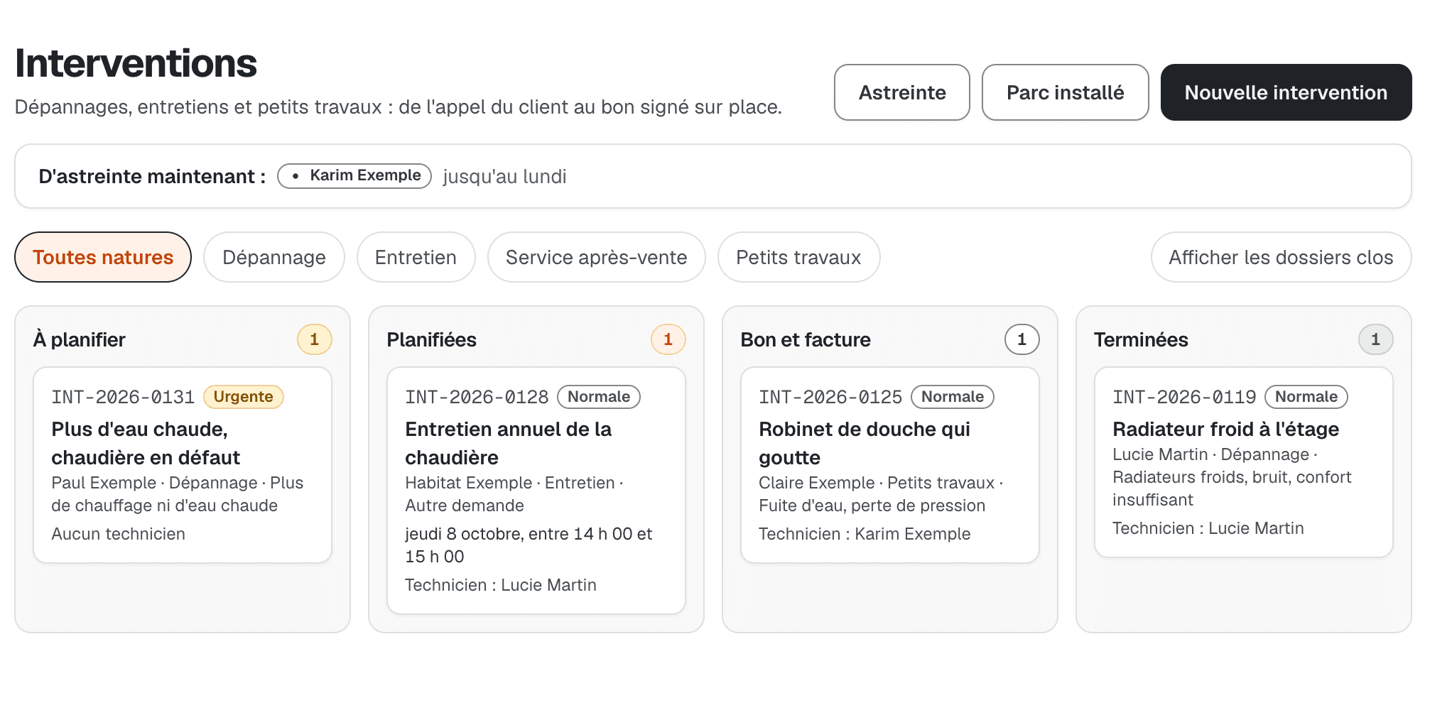 Écran Interventions : dépannages, entretiens et SAV classés à planifier, planifiés, bon et facture, terminés, avec le technicien d'astreinte.