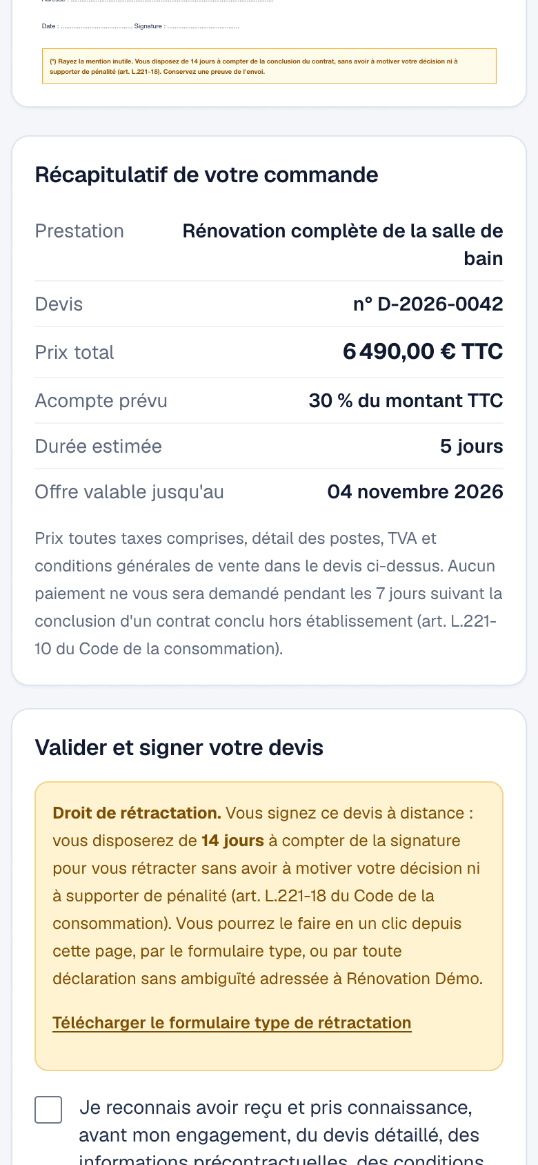 Sur téléphone, le client lit le récapitulatif de sa commande puis valide et signe son devis.